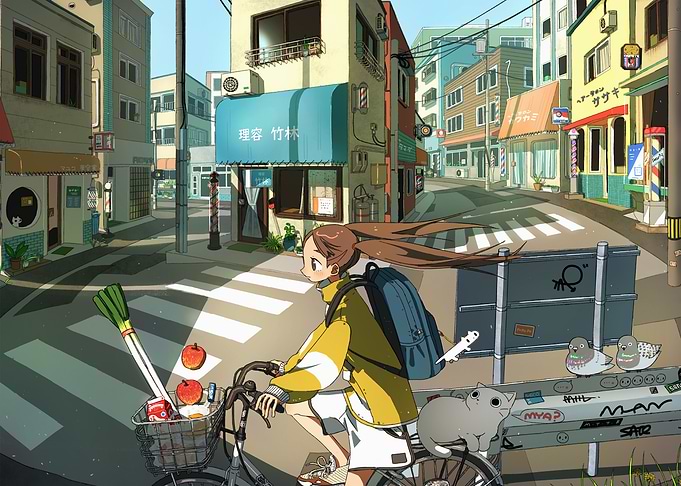 Girl cycling through Japanese town street