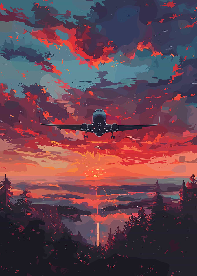 Airplane Landing at Sunset