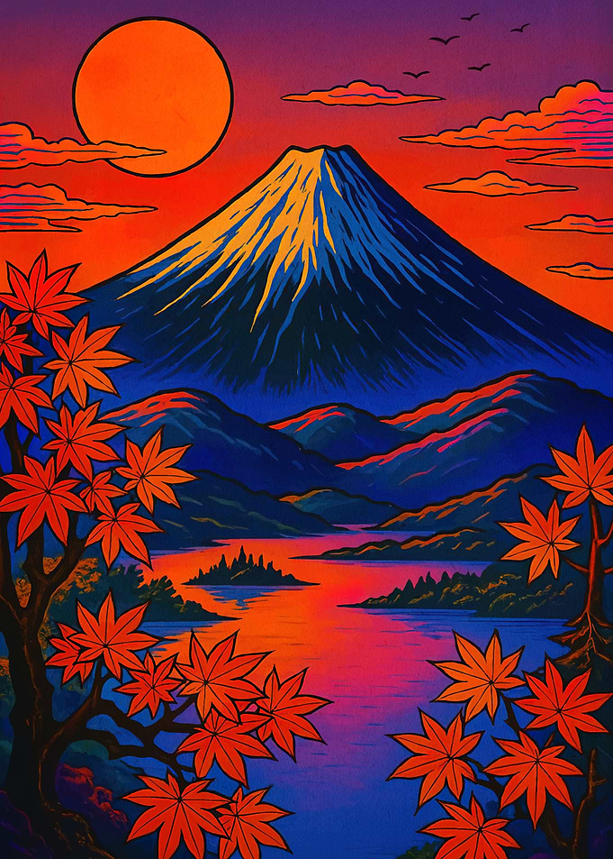 Mount Fuji Landscape Maple Leaves