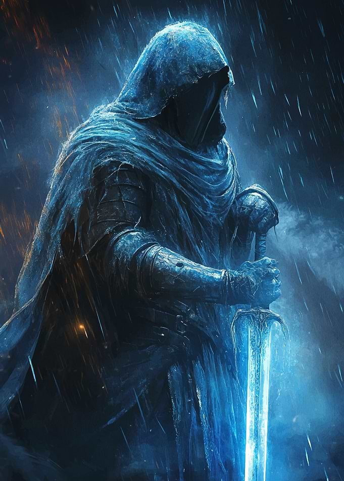 Hooded Warrior with Glowing Sword