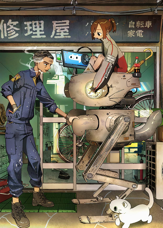 Anime Repair Shop with Robot and Cat