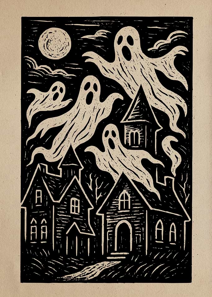 Haunted Houses and Ghosts Linocut Art