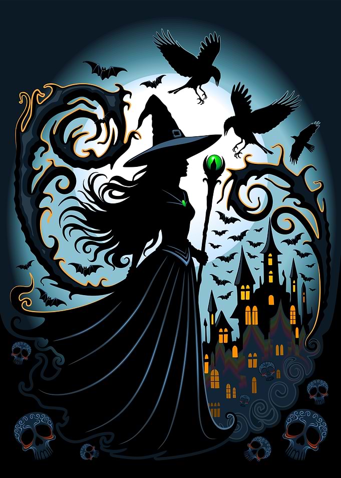Silhouette Witch with Castle and Ravens