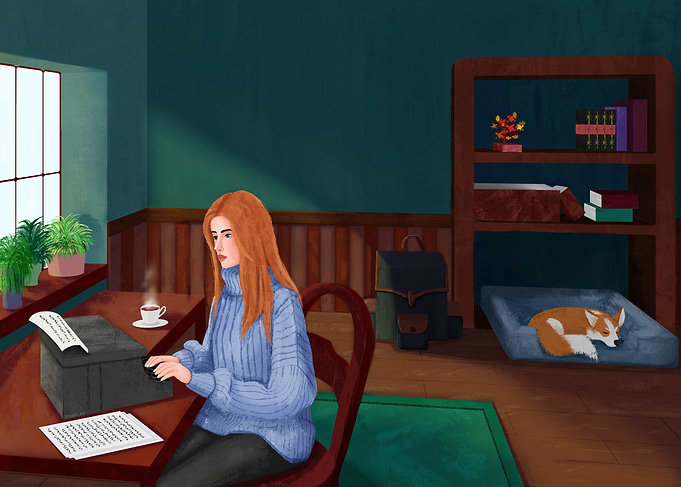 Woman writing with dog in room
