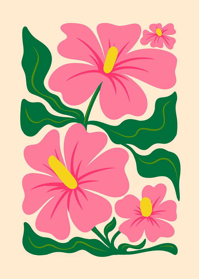 Pink Hibiscus Flowers with Green Leaves