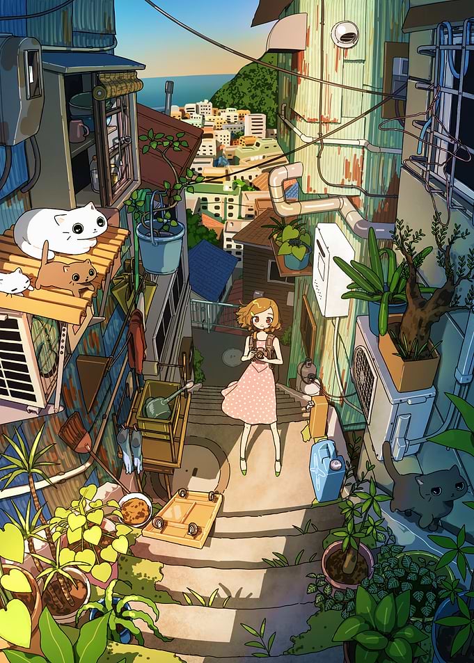 Narrow Street with Girl and Cats
