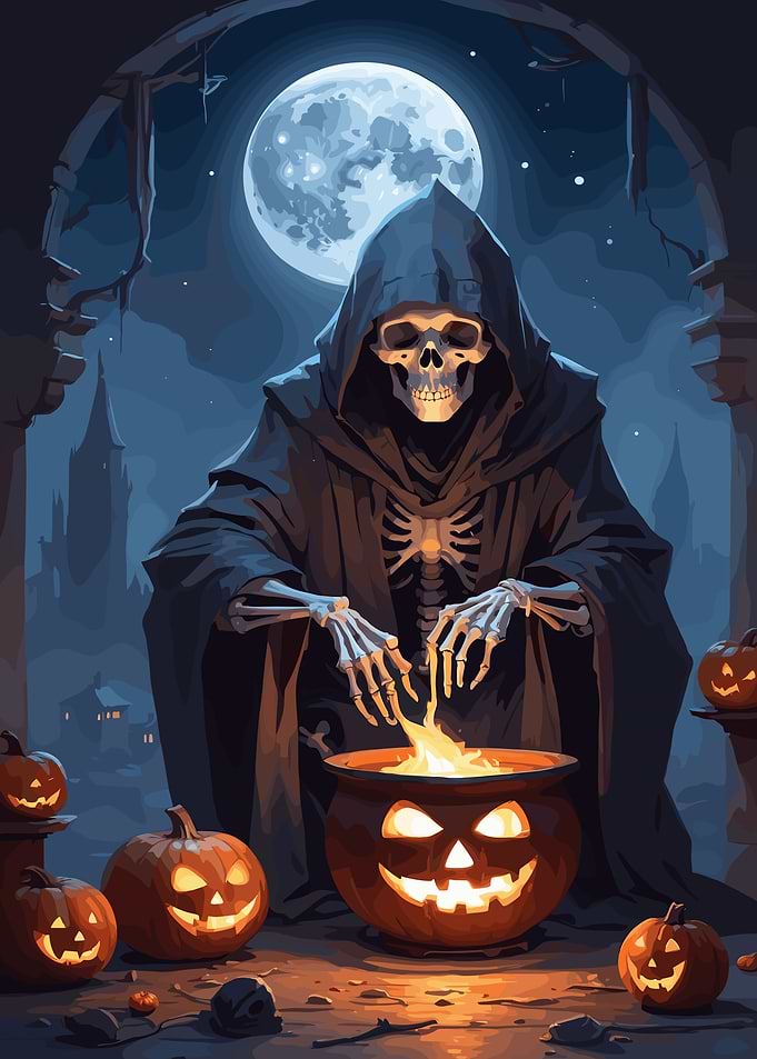 Halloween Skeleton with Jack-o'-lanterns