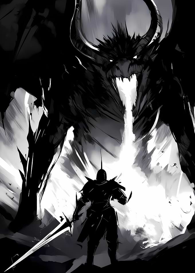 Dragon and Knight Black and White
