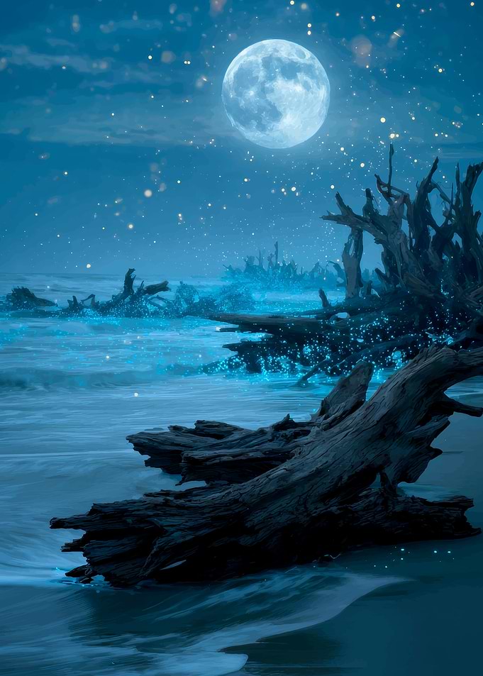 Moonlit Beach with Driftwood and Bioluminescence