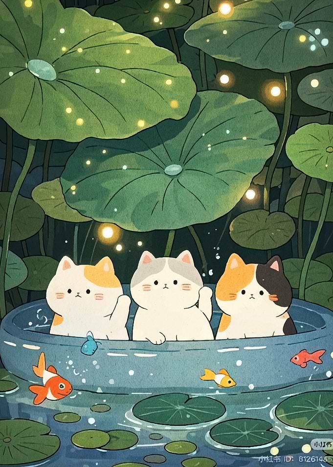 Cats in a pond with fish