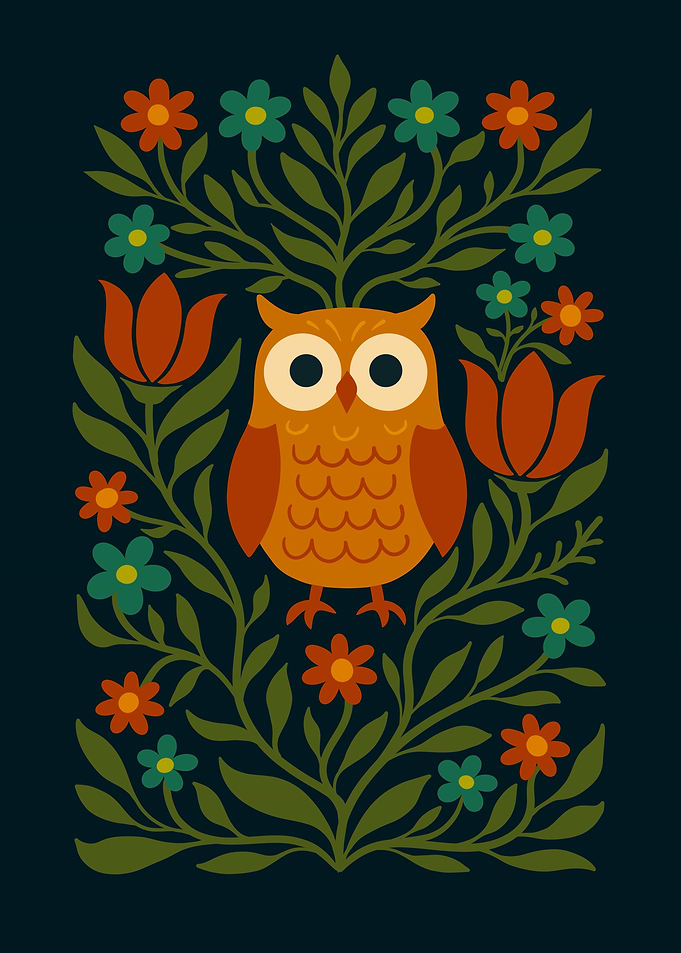 Stylized Owl with Floral Ornament