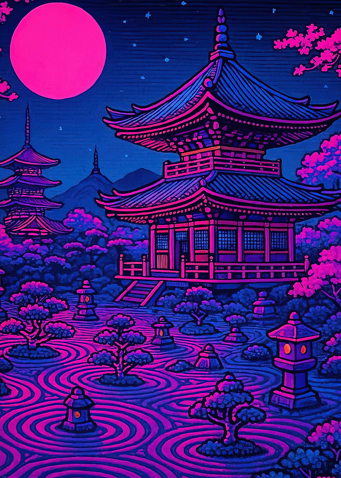 Neon Japanese Garden Pagodas