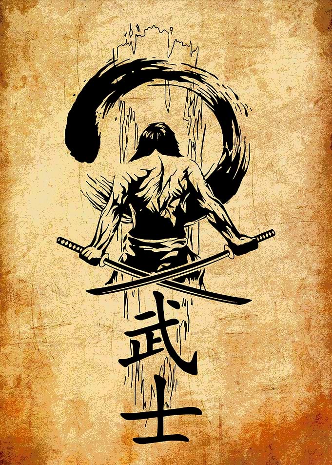 Samurai Warrior with Swords and Calligraphy