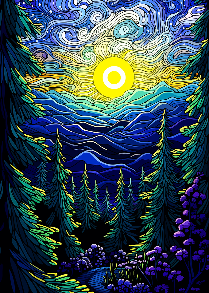 Stylized Forest Landscape with Sun
