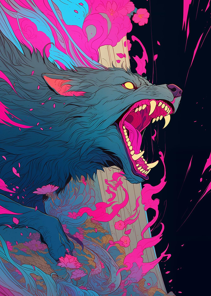 Stylized Wolf Illustration with Floral Accents