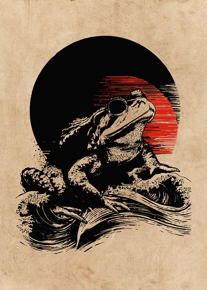 Frog on Waves with Rising Sun