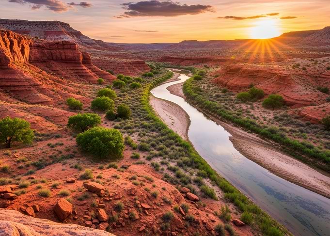 Desert River at Sunset