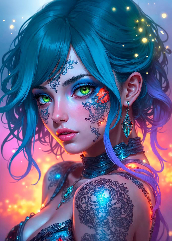 Fantasy Woman with Tattoos and Blue Hair