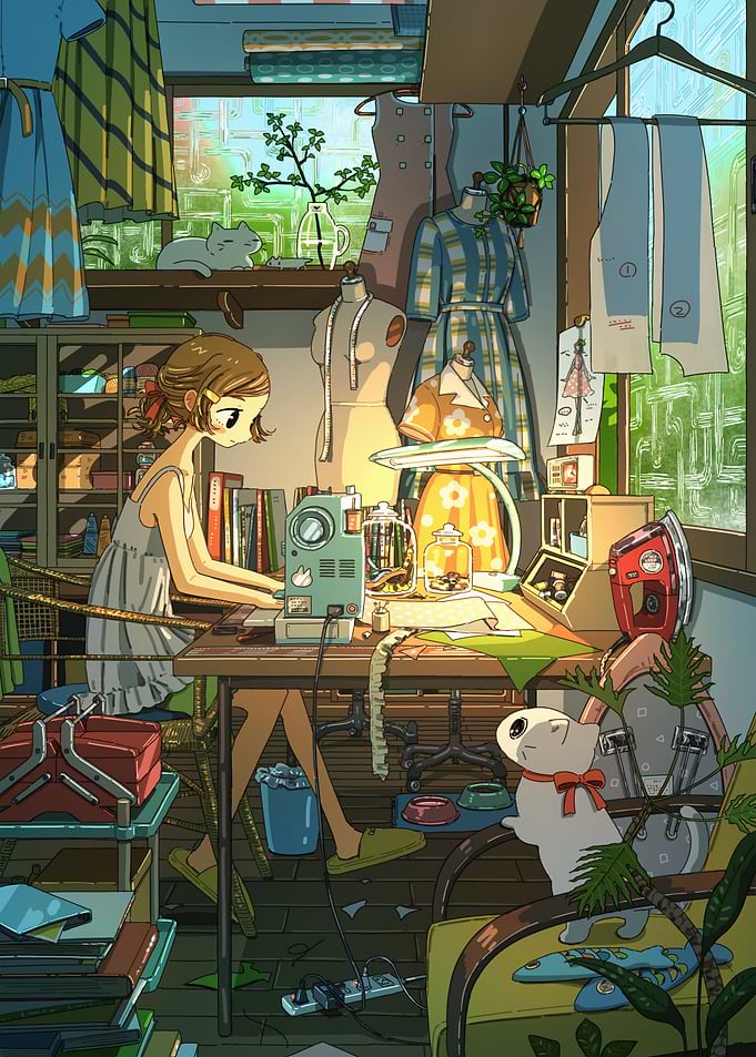 Cozy Sewing Room Anime Illustration