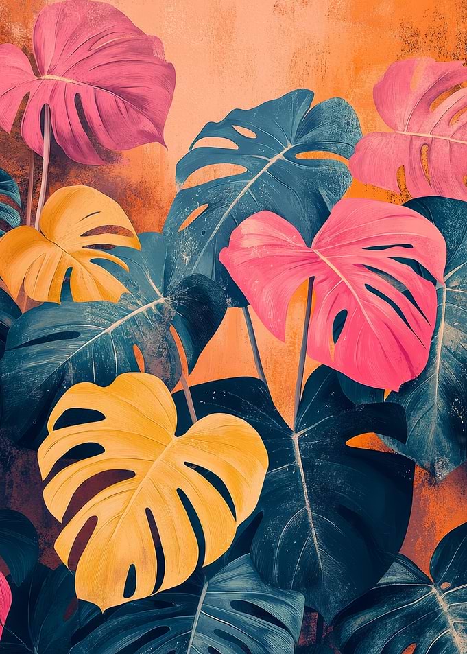 Colorful Monstera Leaves Art | Soft botanical poster