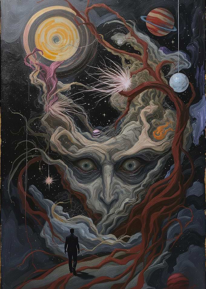 Cosmic Face and Traveler Painting