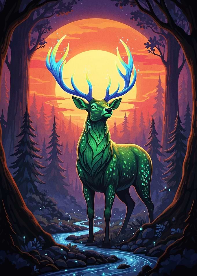 Mystical Deer Forest Sunset