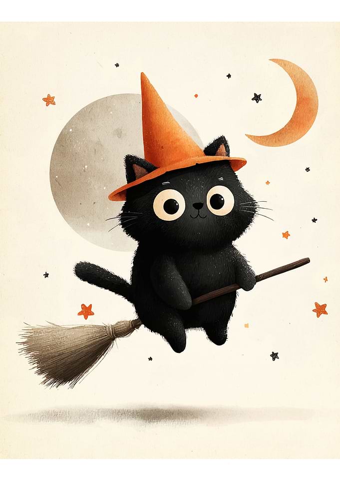 Cute Halloween Cat on Broomstick