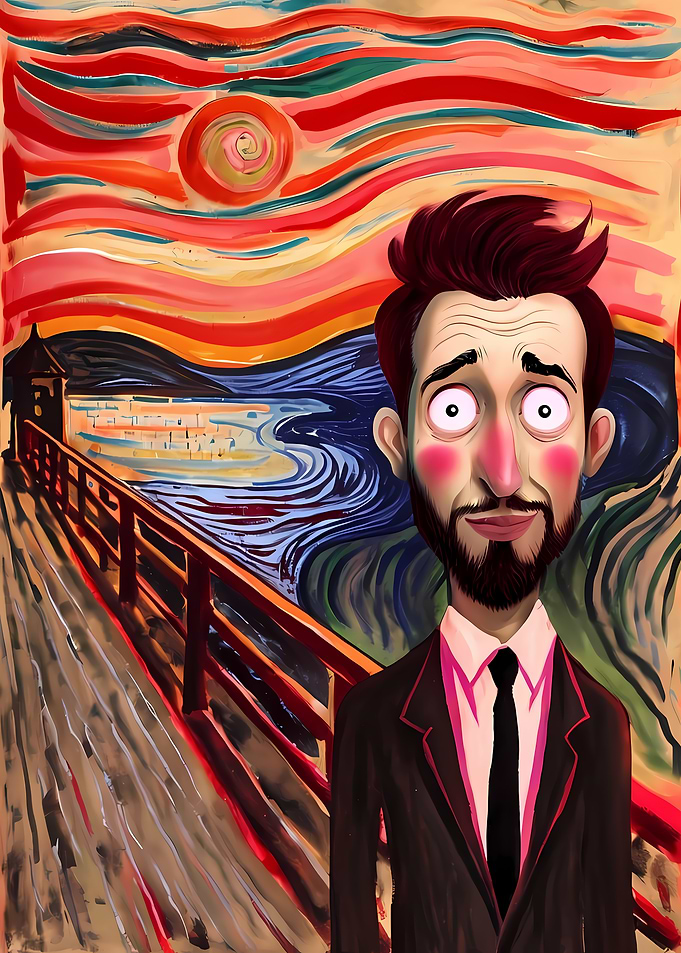 Man in The Scream painting parody