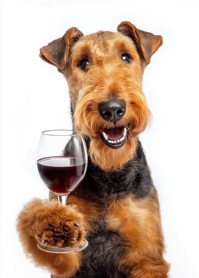 Airedale Terrier with Wine Glass