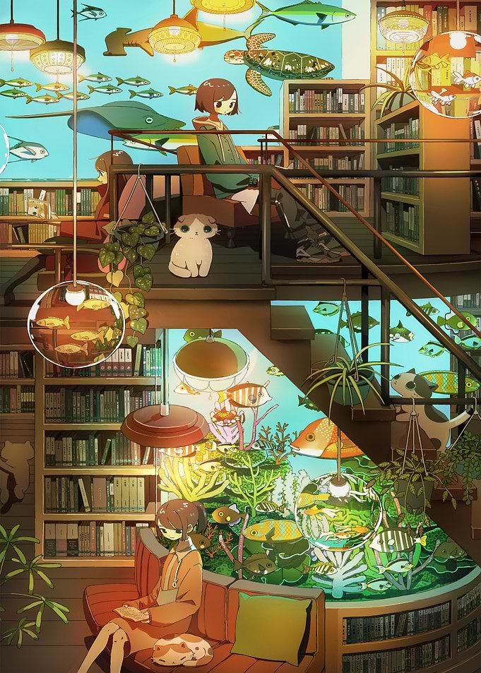 Cozy Library with Aquatic Theme