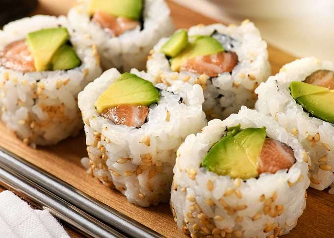 Salmon Avocado Sushi Rolls Close-Up