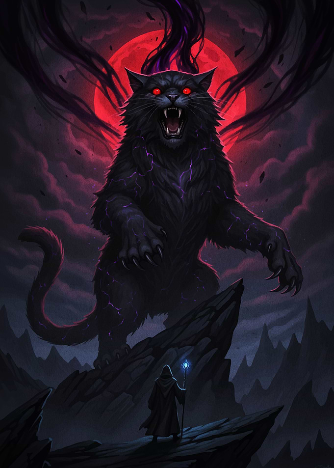 Giant Cat Confrontation with Wizard