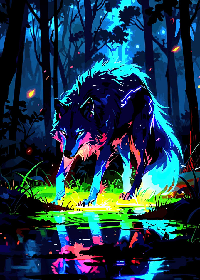 Neon Wolf in Dark Forest