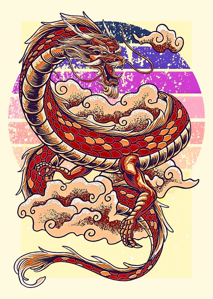 Dragon in Clouds with Retro Background