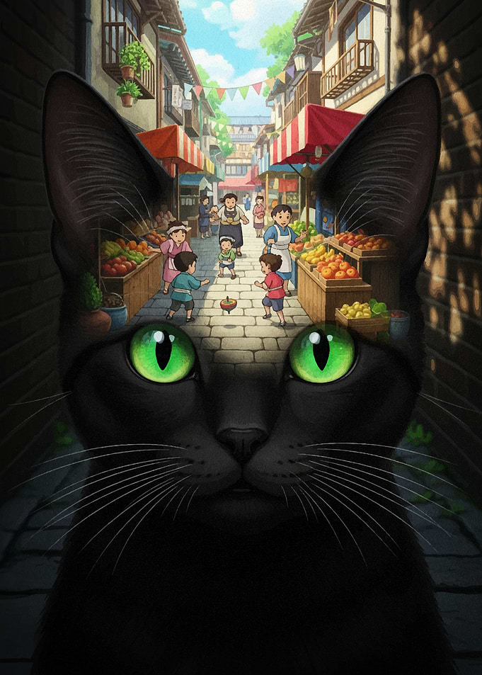 Black Cat and Japanese Street Scene