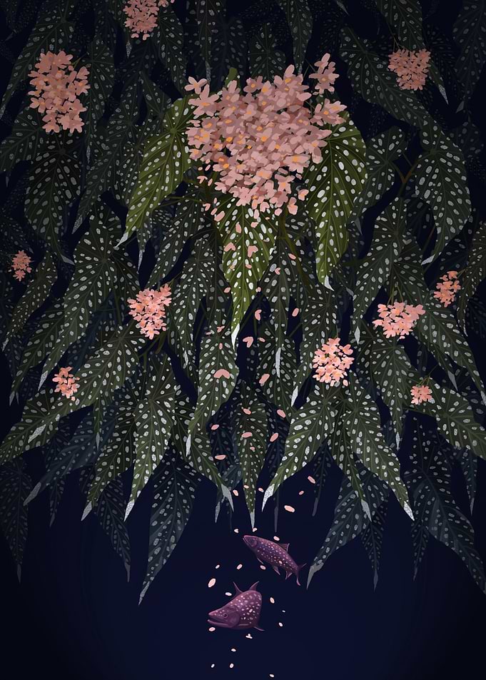 Botanical Dreamscape with Fish