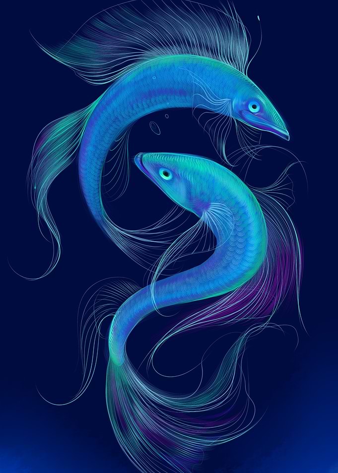 Two blue fish swimming in dark water