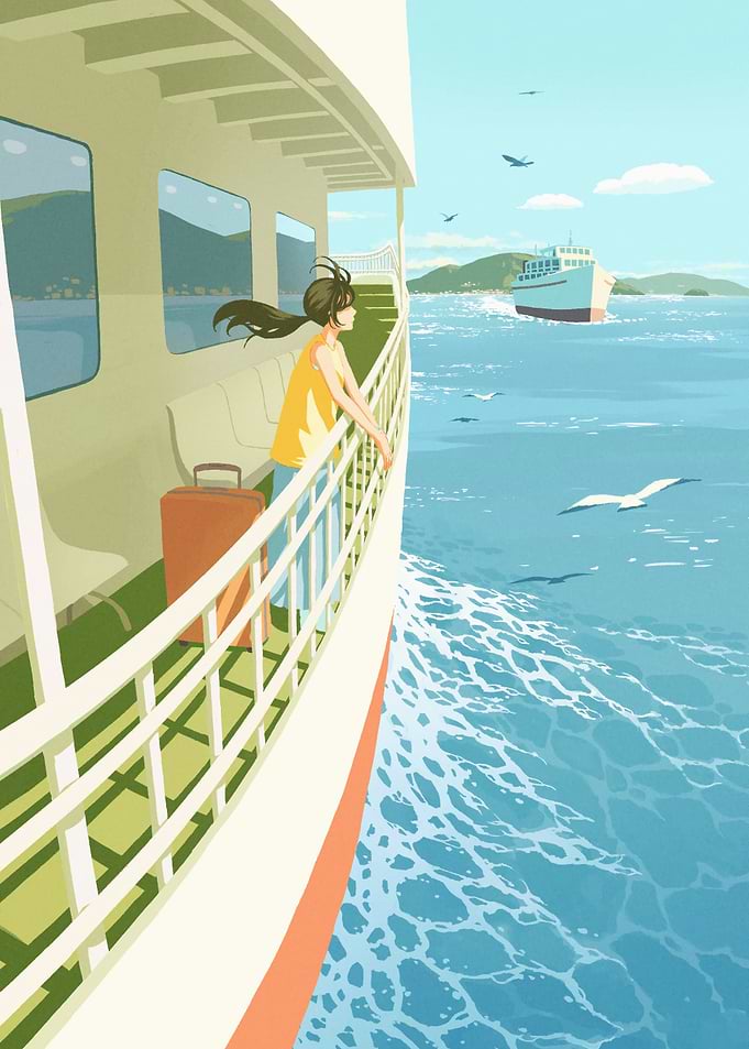 Girl on a ferry boat illustration