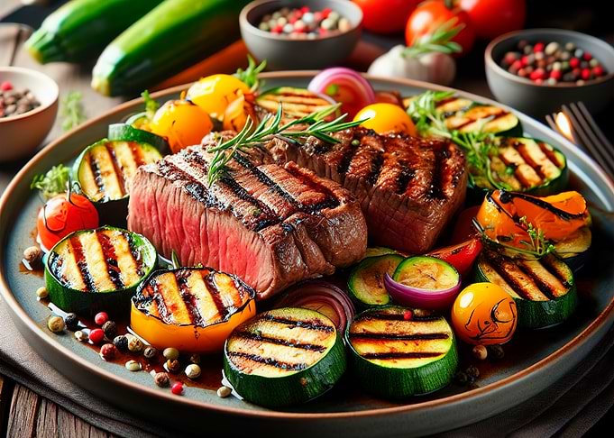 Grilled Steak with Vegetables on Plate