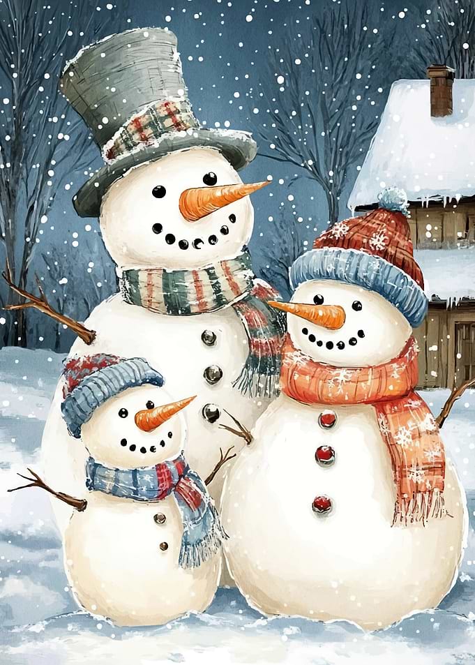Snowman Family in Winter Scene