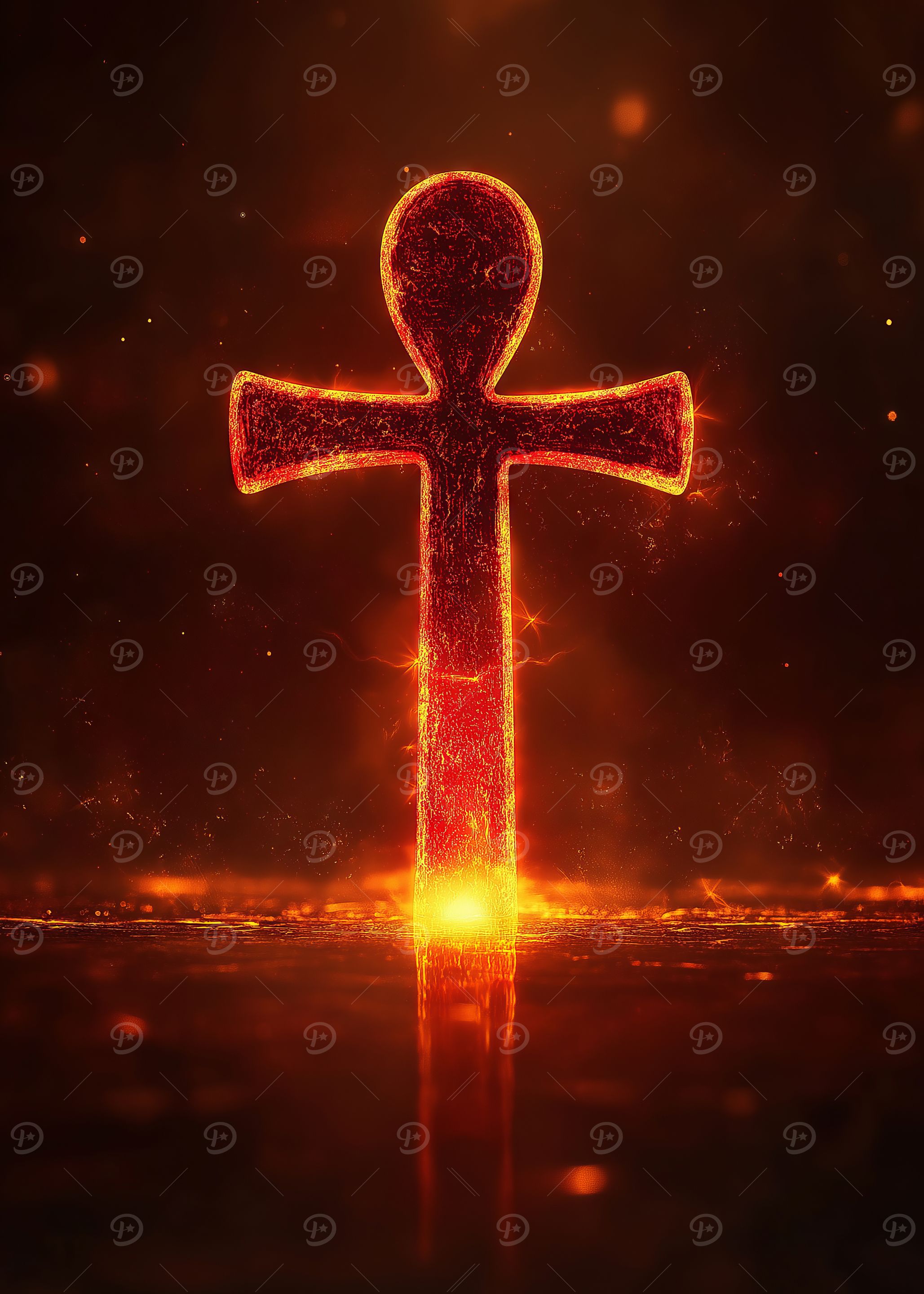 A floating ankh symbol glowing with fiery energy