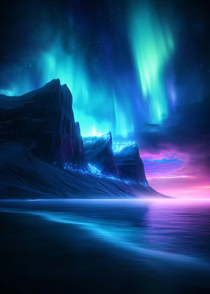 A glowing alien city on cliffs with an aurora sky