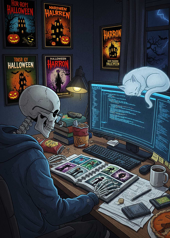 Skeleton Programmer with Cat and Halloween Posters