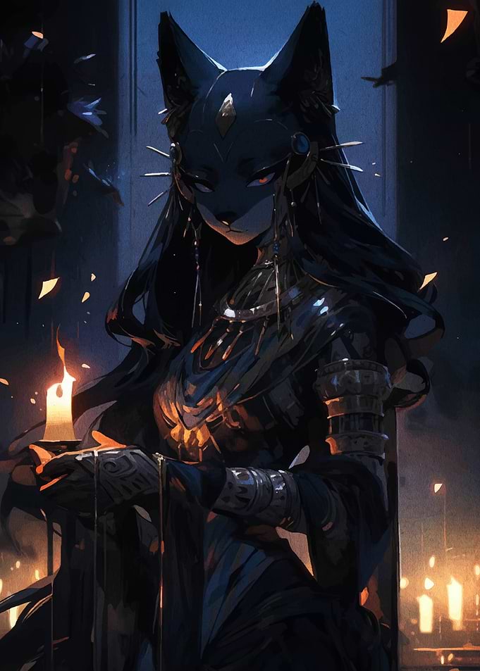 Mystical Cat-like Figure with Candle