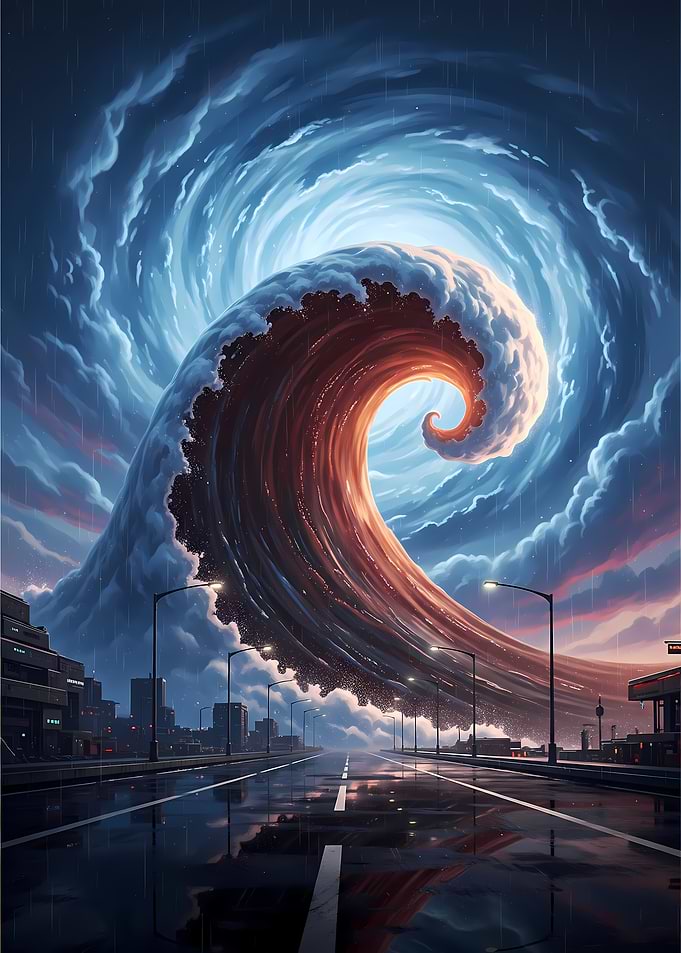 Surreal Cyberpunk Coffee Wave – Dramatic Digital Painting