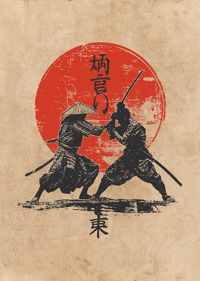 Samurai Duel with Rising Sun Backdrop