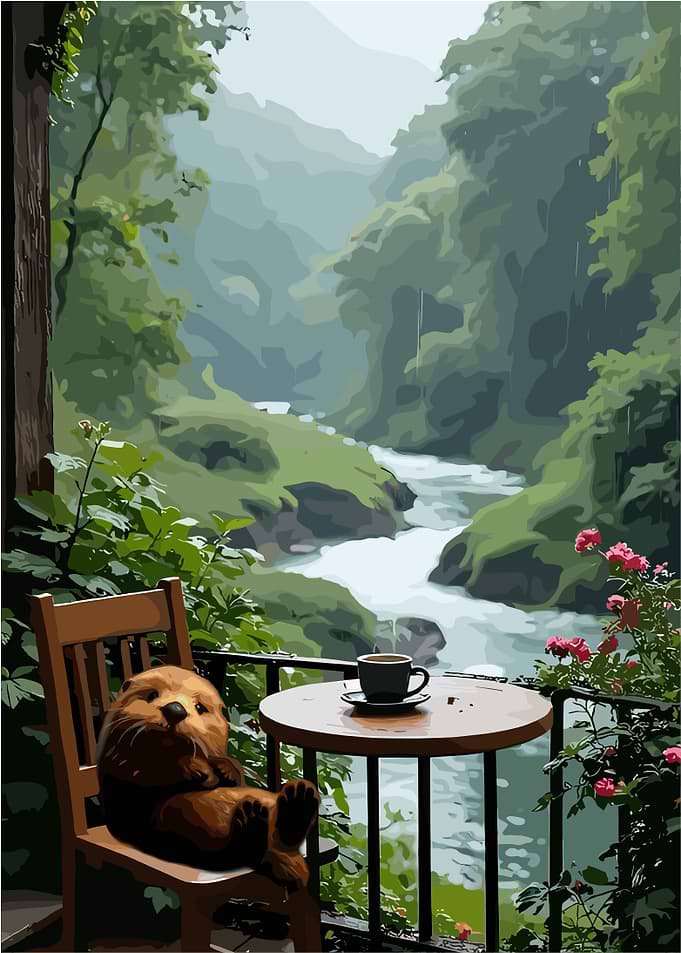 Otter Relaxing with Coffee on Balcony