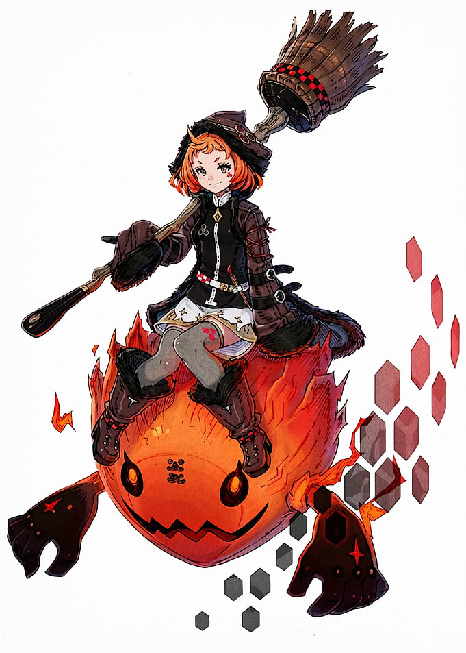Young Witch Riding Fire Monster