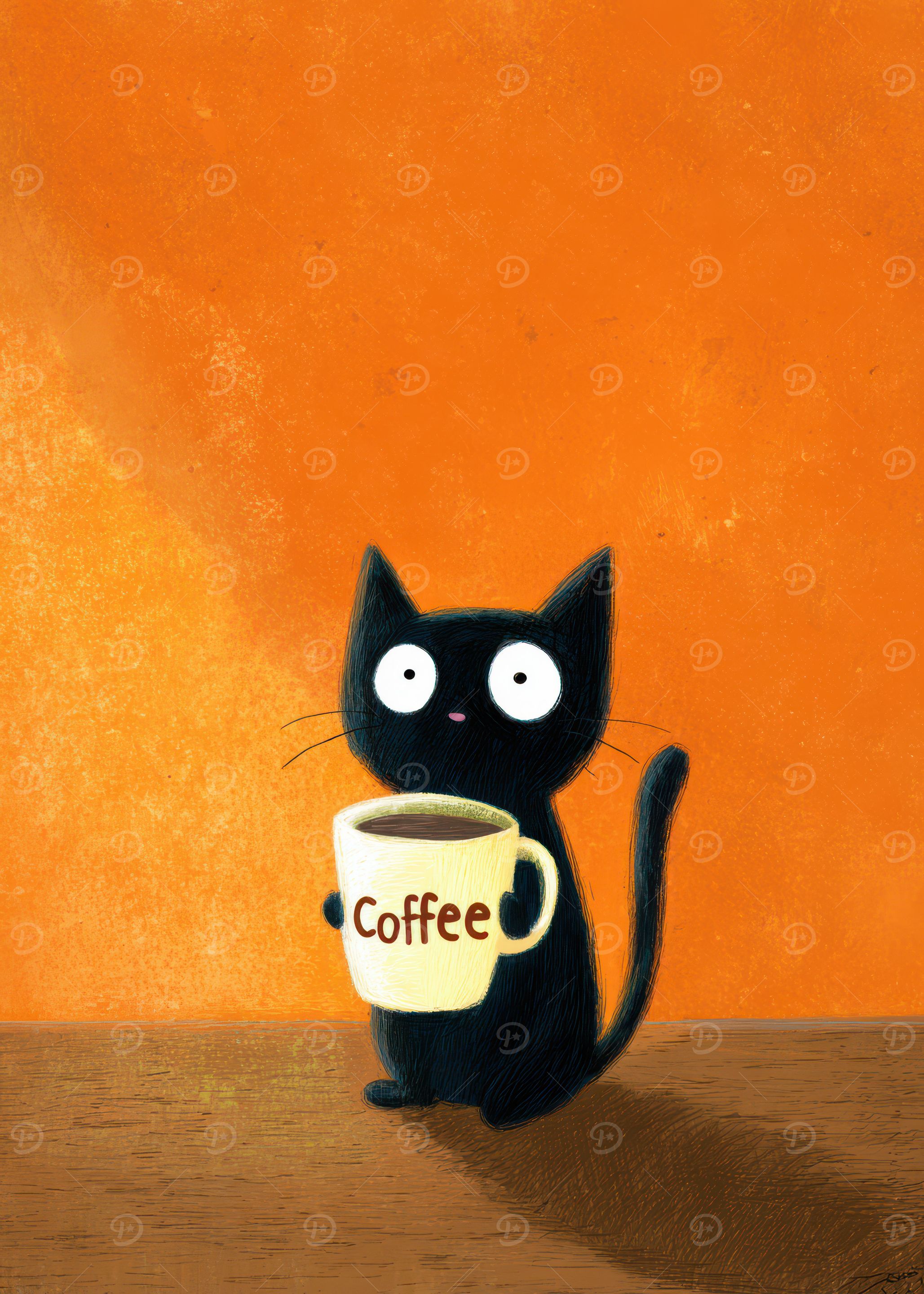 Black Cat with Coffee Cup