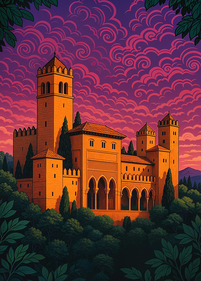 Alhambra Palace with Swirling Skies